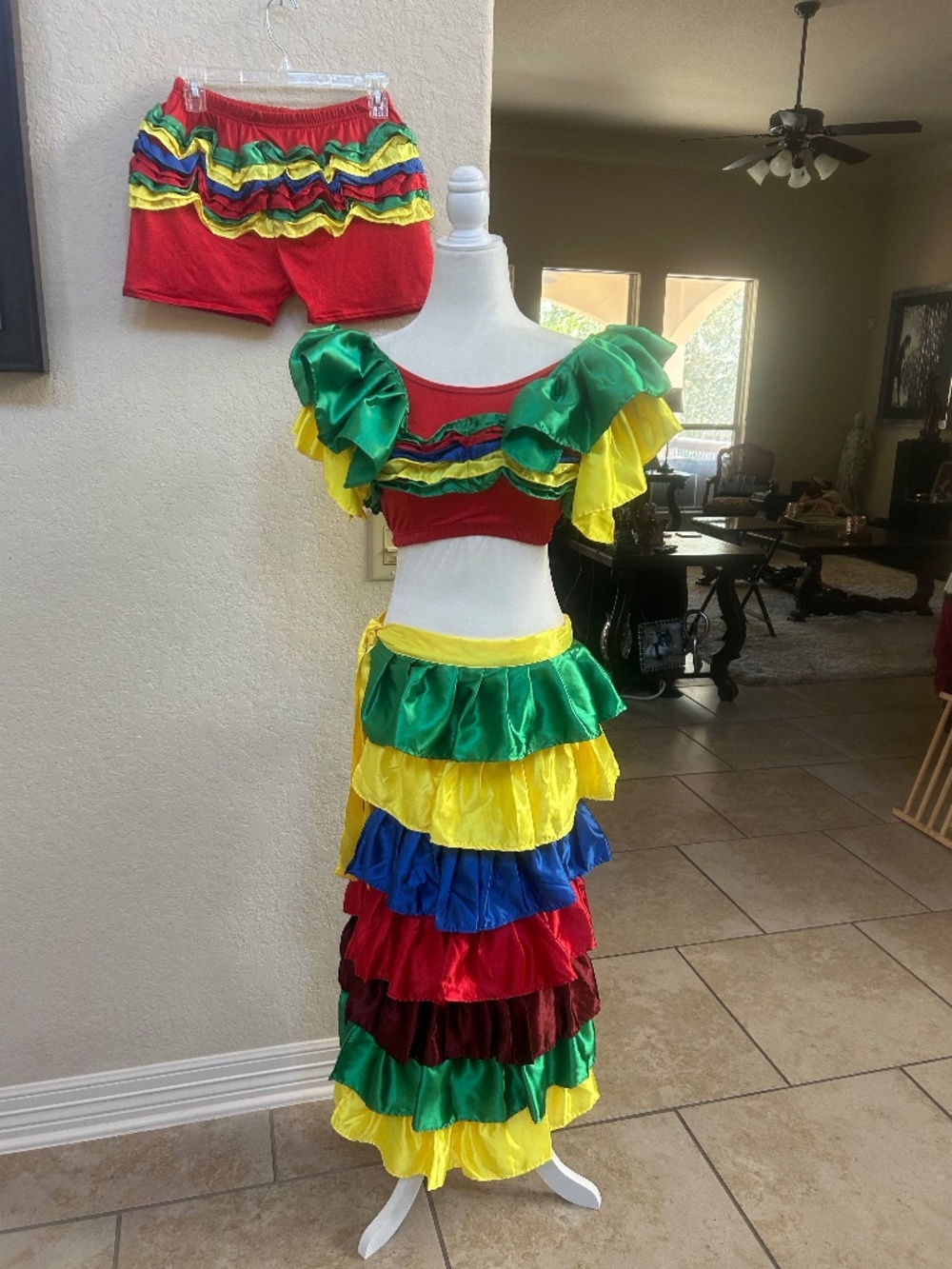 Fiesta / Carnival 3 Piece Rainbow Ruffle Costume. Sz M/L. Vintage